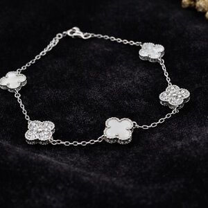 Moissanite White Mother of Pearl Clover Inspired Bracelet 925 Sterling Silver